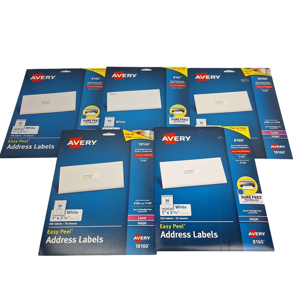 Avery Easy Peel Address Labels Bundle 18160 8160 8167 White 5 Packs Mixed Set